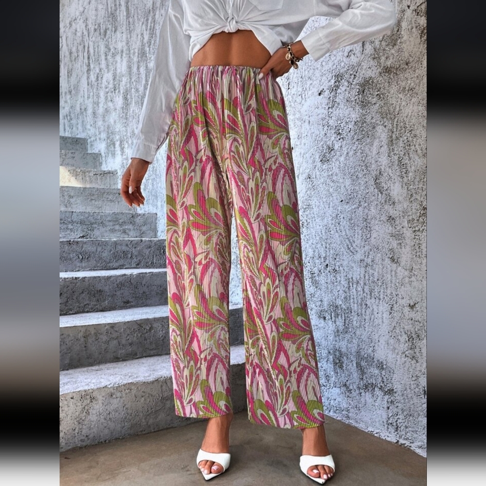 Printed Plisse Wide Leg Pants